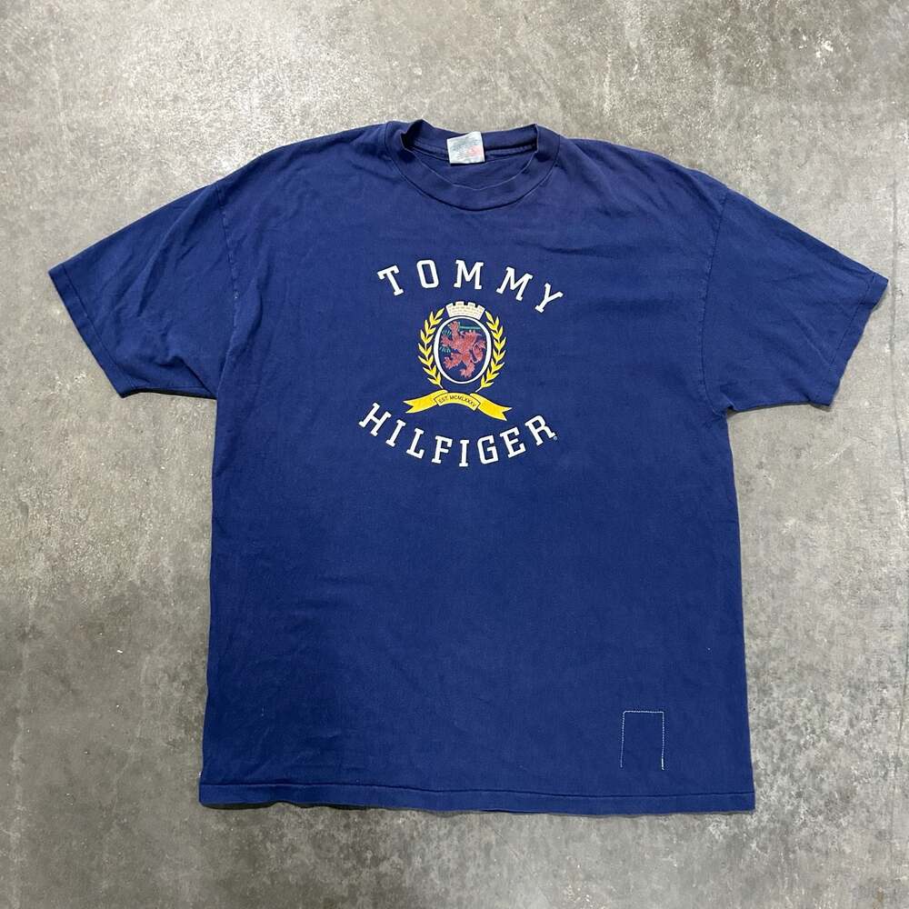 Vintage 90s Tommy Hilfiger Blue Crest Logo Spellout T-Shirt